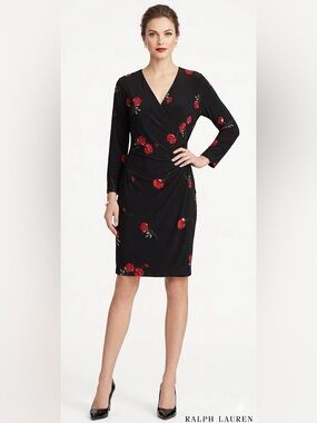 Ralph Lauren NWT Floral Rose Black Red Faux Wrap Stretch Jersey Dress Size 14 P
